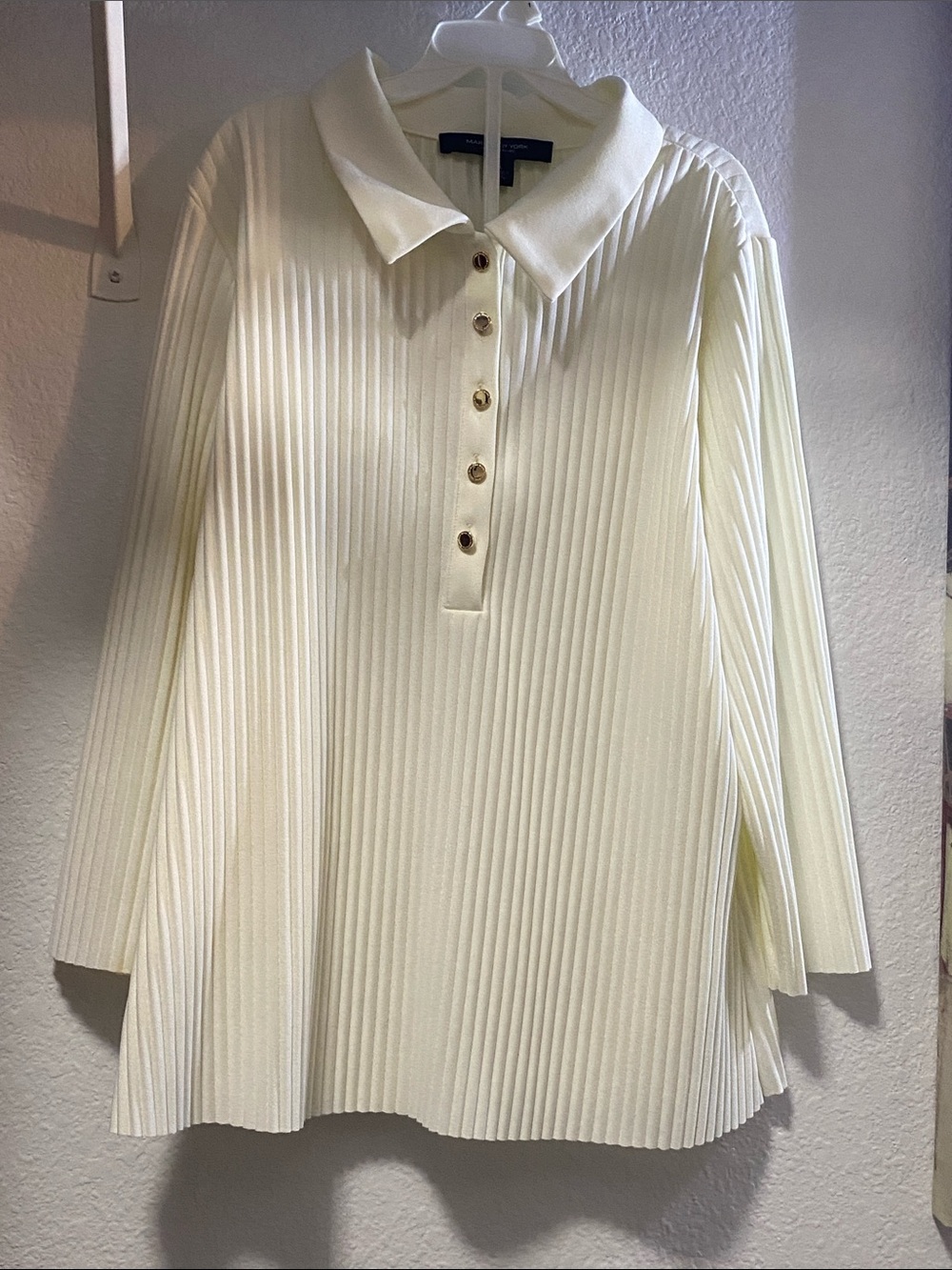 Andrew Marc Cream Ribbed Polo Button-Up Knit Top